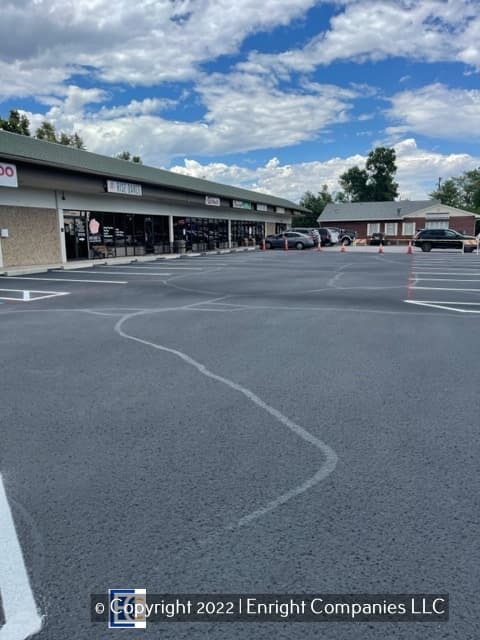 Strip Mall with new painted parking stall lines. 