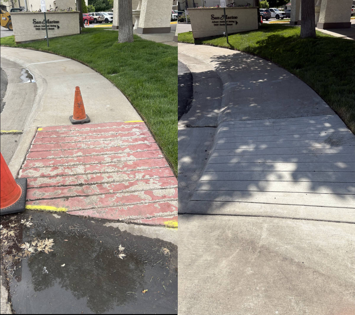 Before and after photo of an ADA concrete ramp that was repaired.