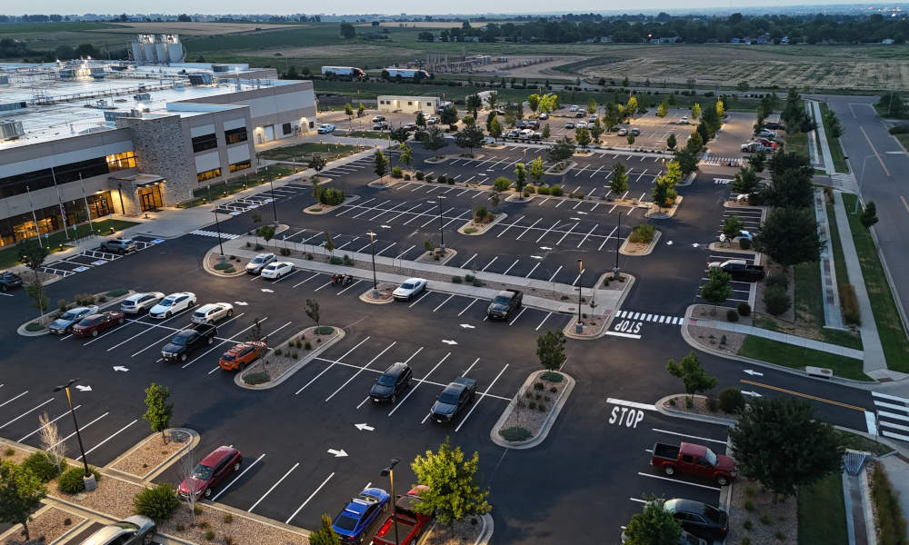 Aerial view of Smucker's Longmont parking lot after maintenance